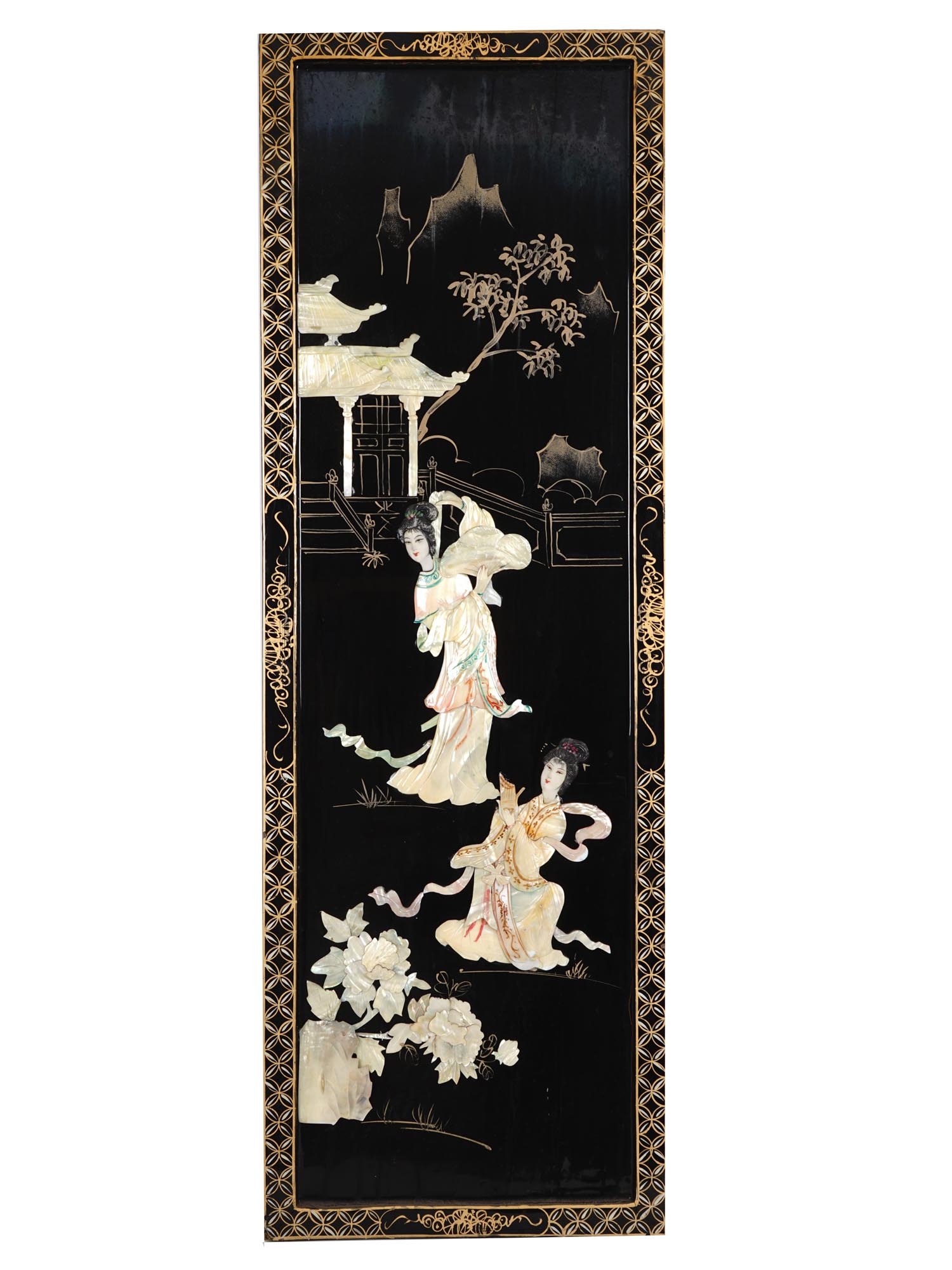 ORIENTAL PANEL LACQUERED WOOD AND CELLULOID INLAY PIC-0